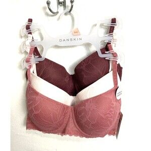 DANSKIN Intimates Bras Size 34C Underwire Lace 3 Pack Burgundy Beige Pink